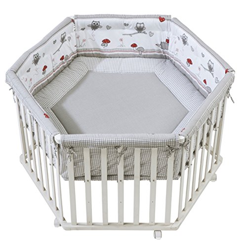 Parque en madera maciza lacado en blanco roba, parque hexagonal, superficie segura de...